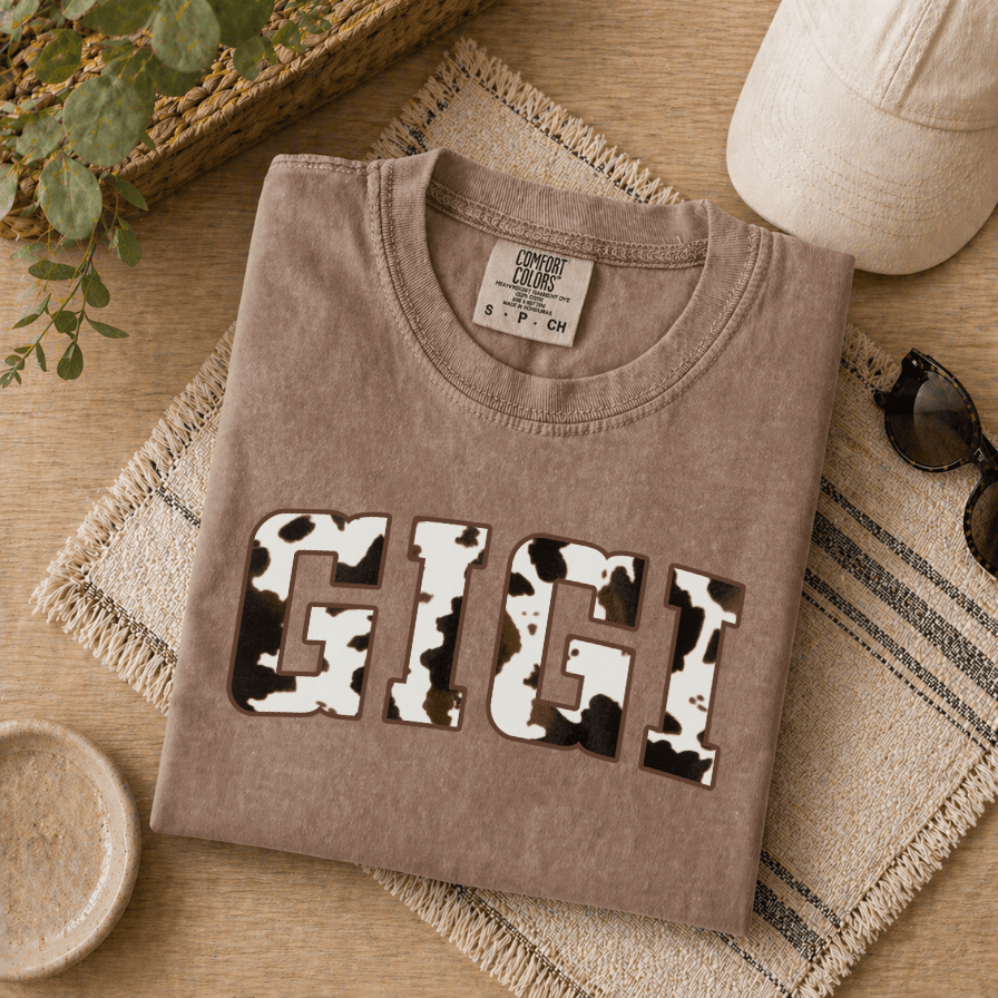 Cow Print Gigi Comfort Colors Shirt – Mother's Day Gift for Grandmother from Grandkids, Retro Tee - detail view